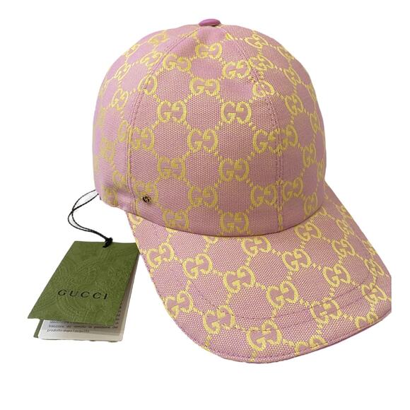 Gucci GG Canvas Adjustable Monogram Baseball Hat Cap Pink Yellow Leather M - Picture 1 of 7